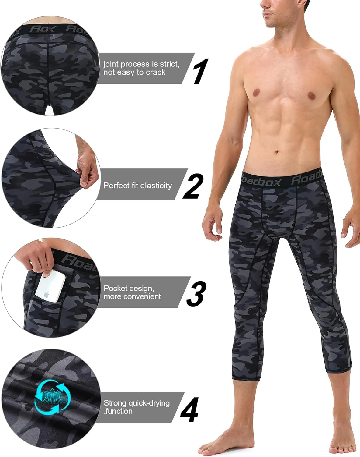 Roadbox Mens 3/4 Compression Pants with Pockets, 1/2 Pack Athletic Running Legging Tights, Workout Basketball Gym Base Layer