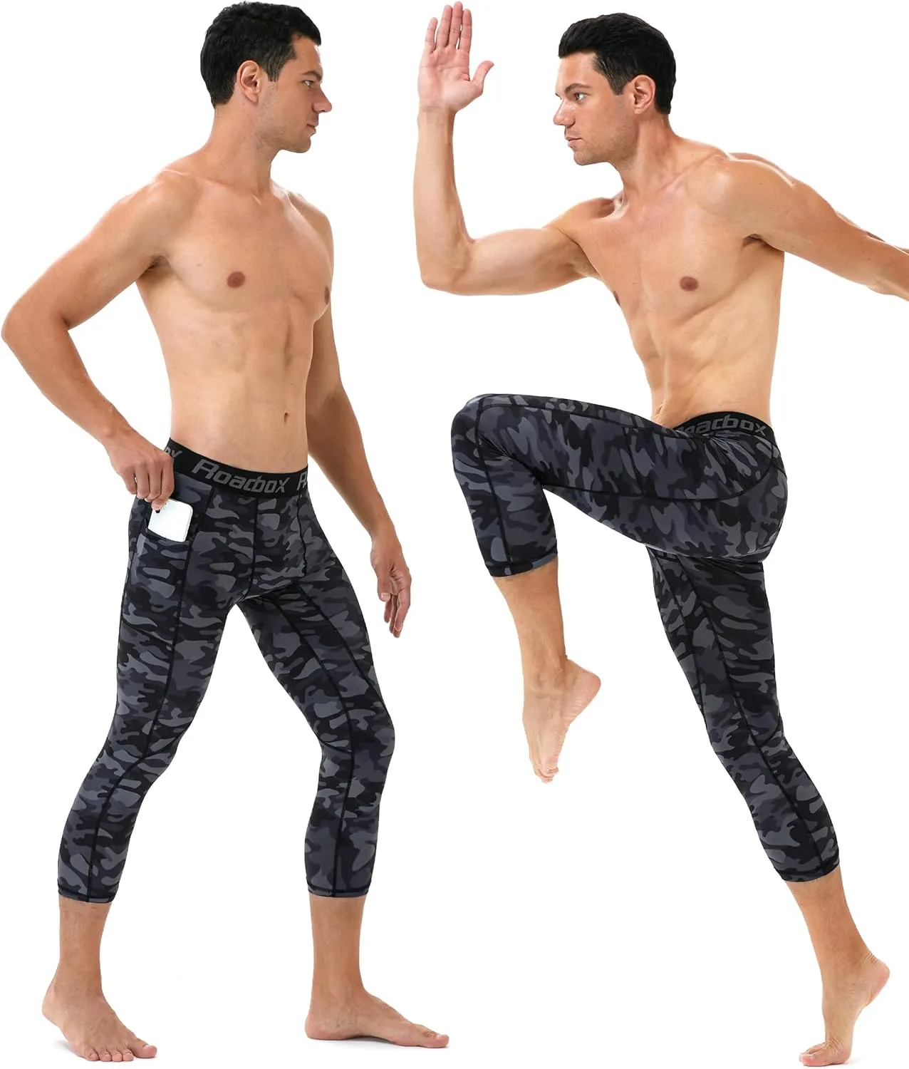 Roadbox Mens 3/4 Compression Pants with Pockets, 1/2 Pack Athletic Running Legging Tights, Workout Basketball Gym Base Layer