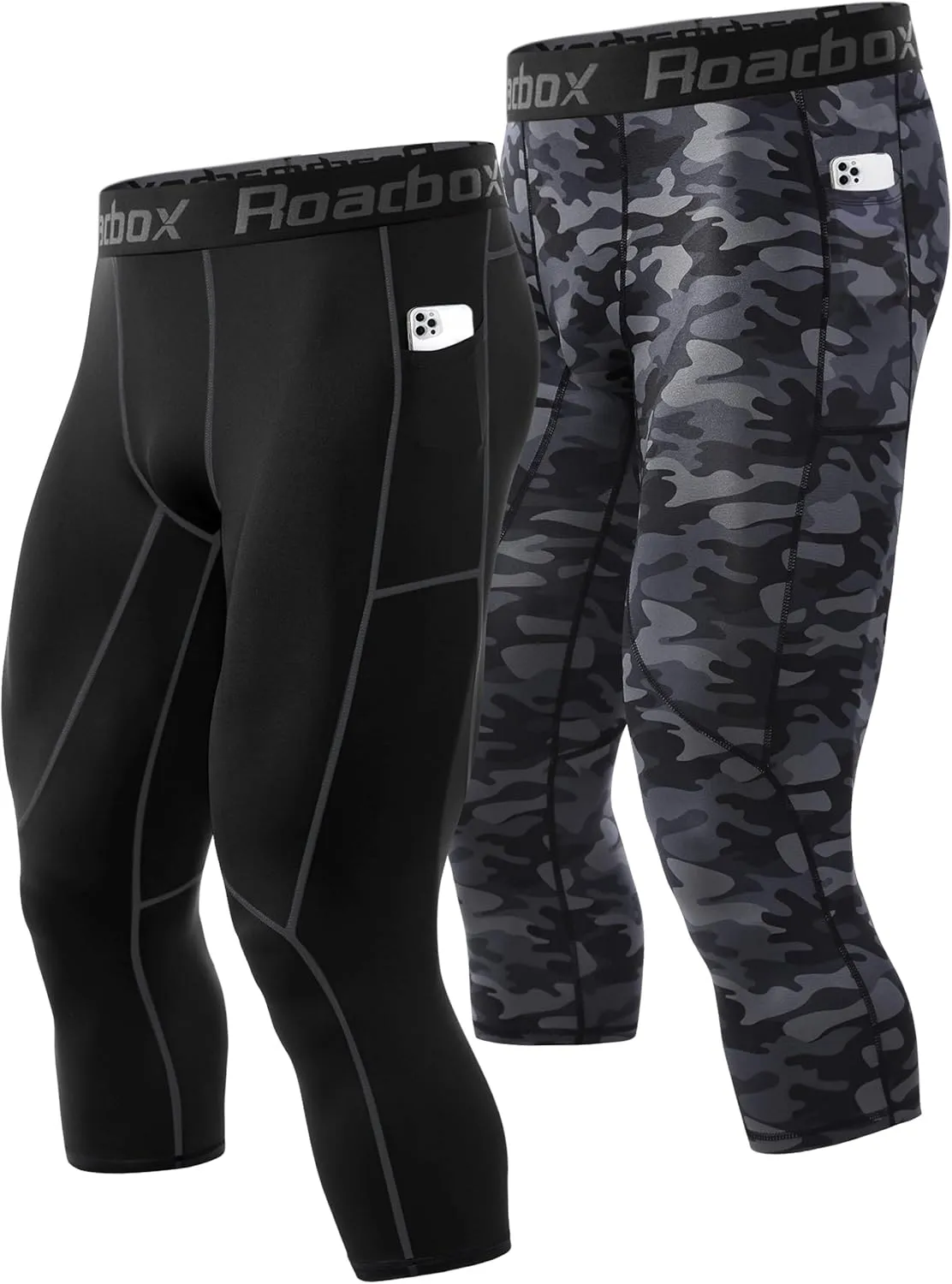 Roadbox Mens 3/4 Compression Pants with Pockets, 1/2 Pack Athletic Running Legging Tights, Workout Basketball Gym Base Layer