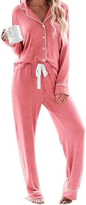 RONGTAI Women's Pajamas Set Long-sleeved Trousers Button-down Pajamas Soft Pajamas Casual Loungewear Two-piece Set