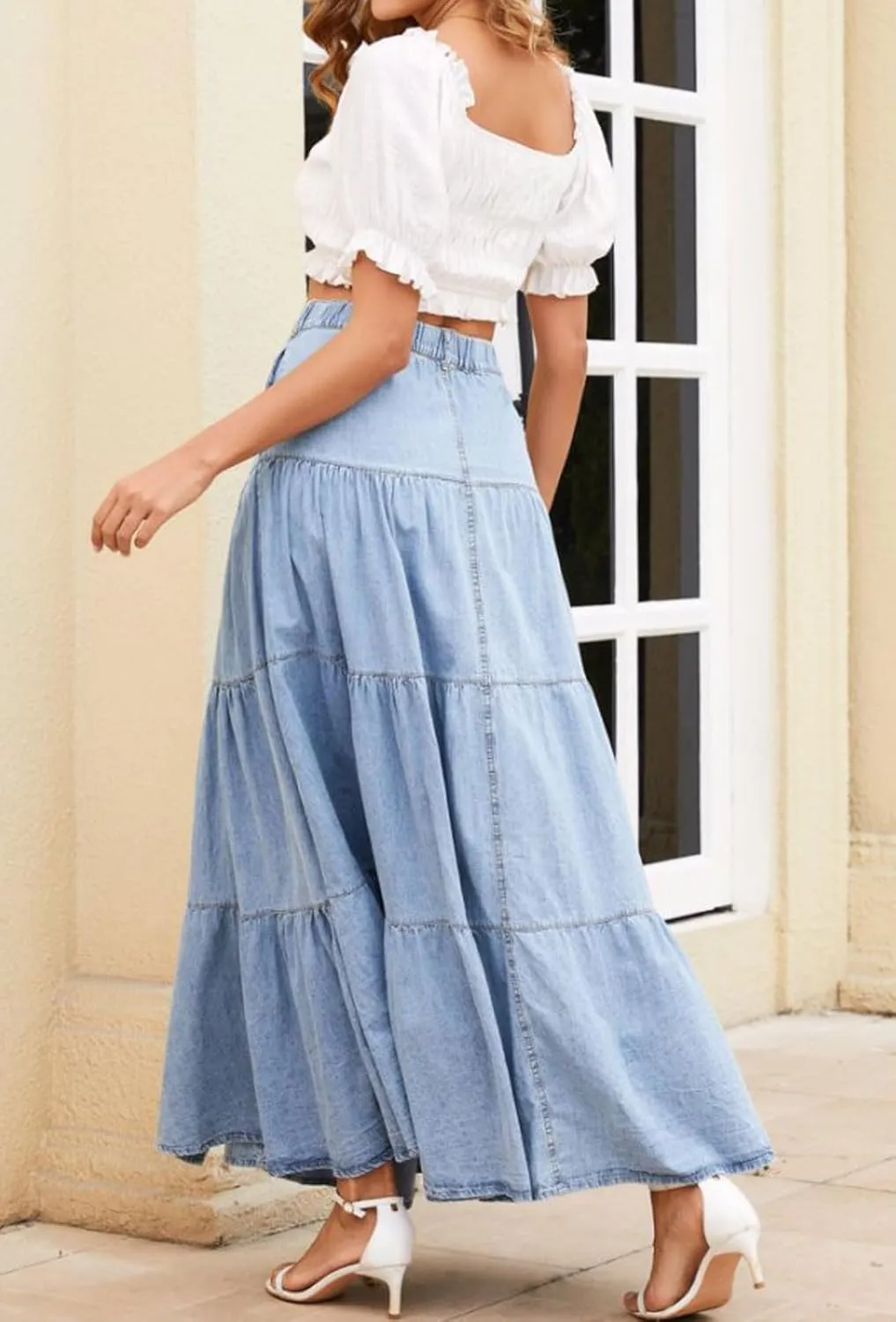 Ru Sweet Women Elastic High Waisted Long Denim Skirt A Line Button Ruffle Tiered Jean Maxi Skirt Y2k Skirt with Pockets