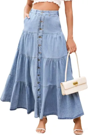 Ru Sweet Women Elastic High Waisted Long Denim Skirt A Line Button Ruffle Tiered Jean Maxi Skirt Y2k Skirt with Pockets