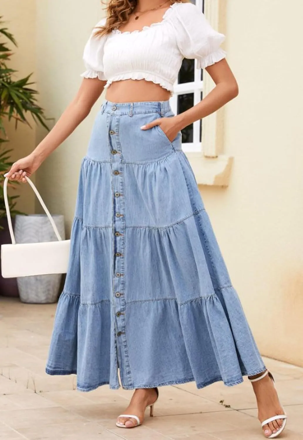 Ru Sweet Women Elastic High Waisted Long Denim Skirt A Line Button Ruffle Tiered Jean Maxi Skirt Y2k Skirt with Pockets