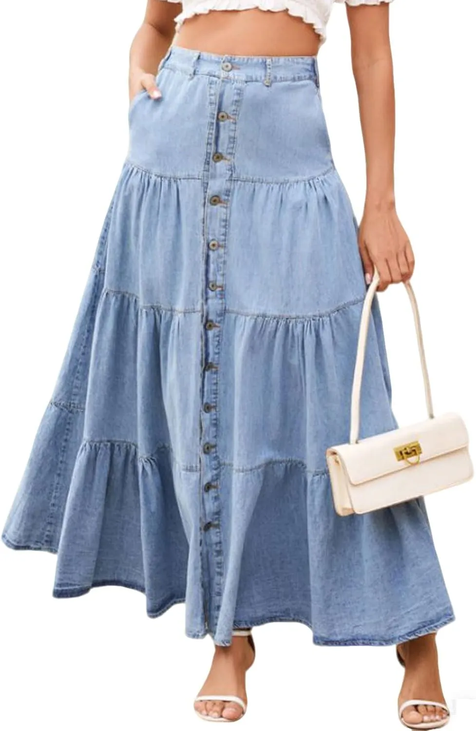Ru Sweet Women Elastic High Waisted Long Denim Skirt A Line Button Ruffle Tiered Jean Maxi Skirt Y2k Skirt with Pockets
