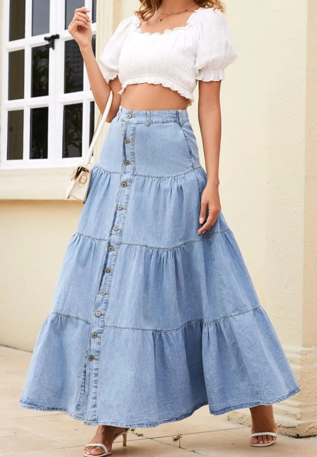 Ru Sweet Women Elastic High Waisted Long Denim Skirt A Line Button Ruffle Tiered Jean Maxi Skirt Y2k Skirt with Pockets