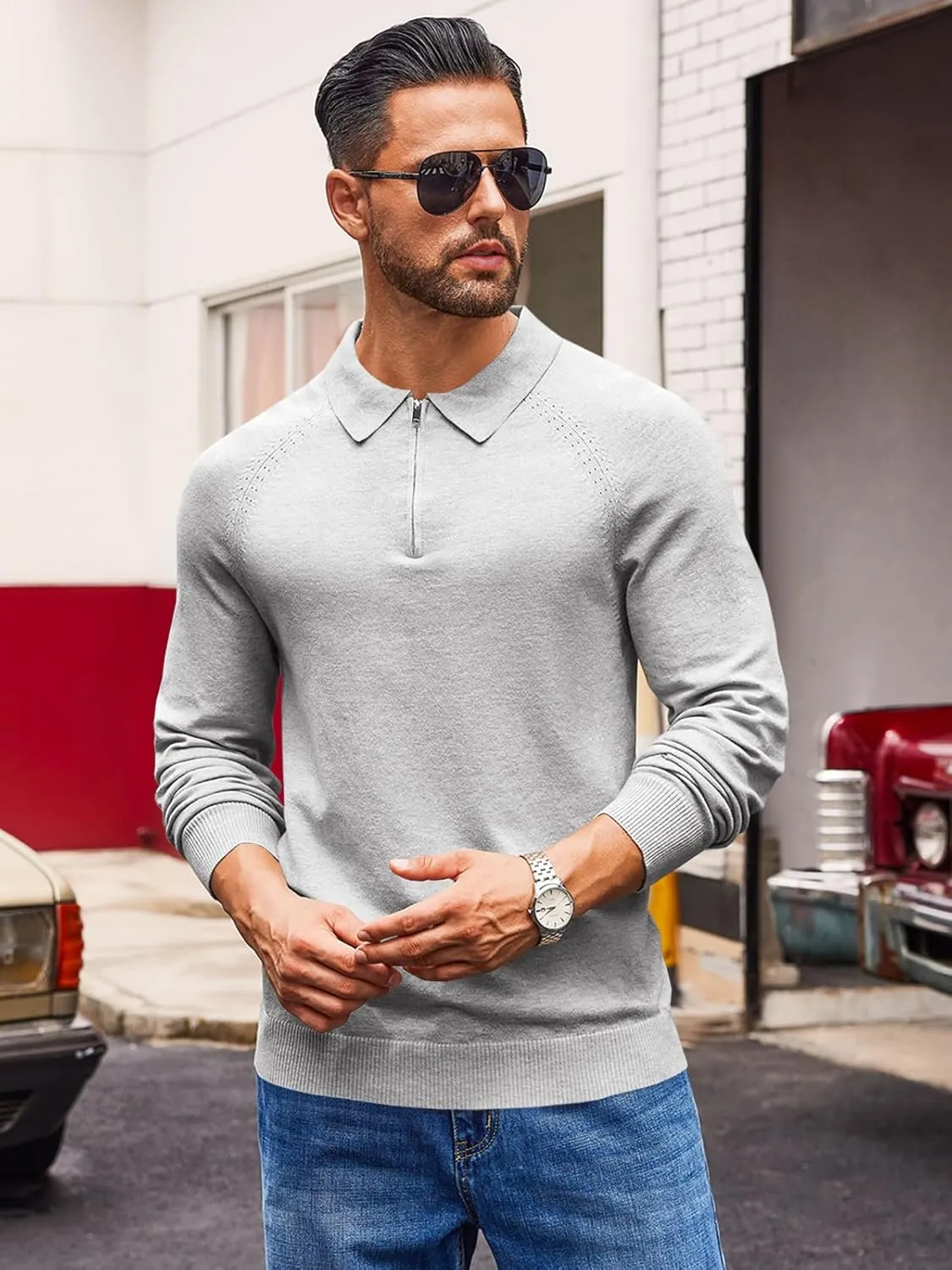 Runcati Mens Knit Polo Shirts Long Sleeve Quarter Zip Sweater Casual Slim Fit Golf Pullover Shirt