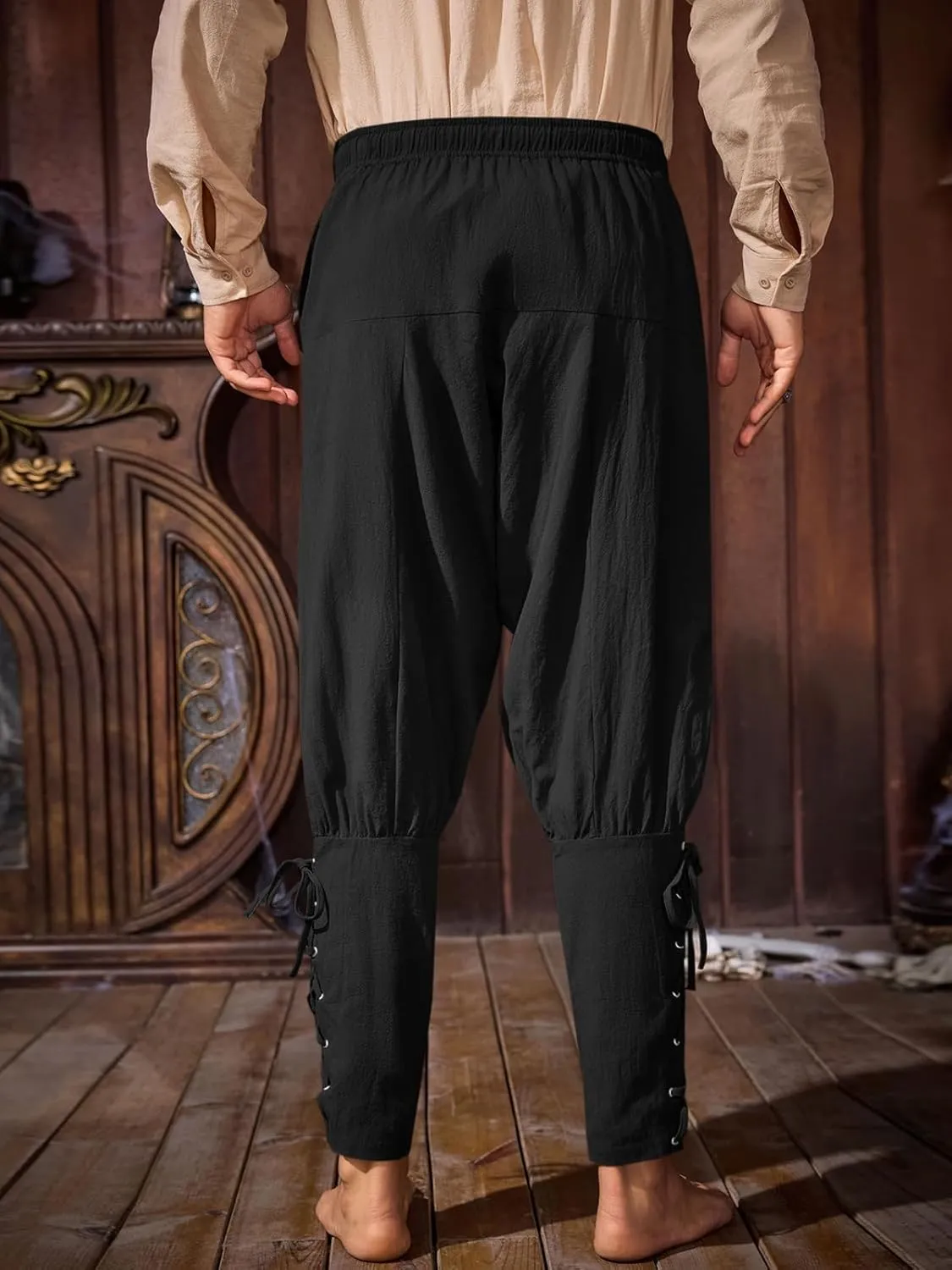 Runcati Mens Medieval Ankle Banded Pants Renaissance Viking Pirate Navigator Pants Lace Up Cotton Halloween Trousers