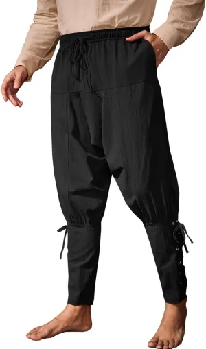 Runcati Mens Medieval Ankle Banded Pants Renaissance Viking Pirate Navigator Pants Lace Up Cotton Halloween Trousers
