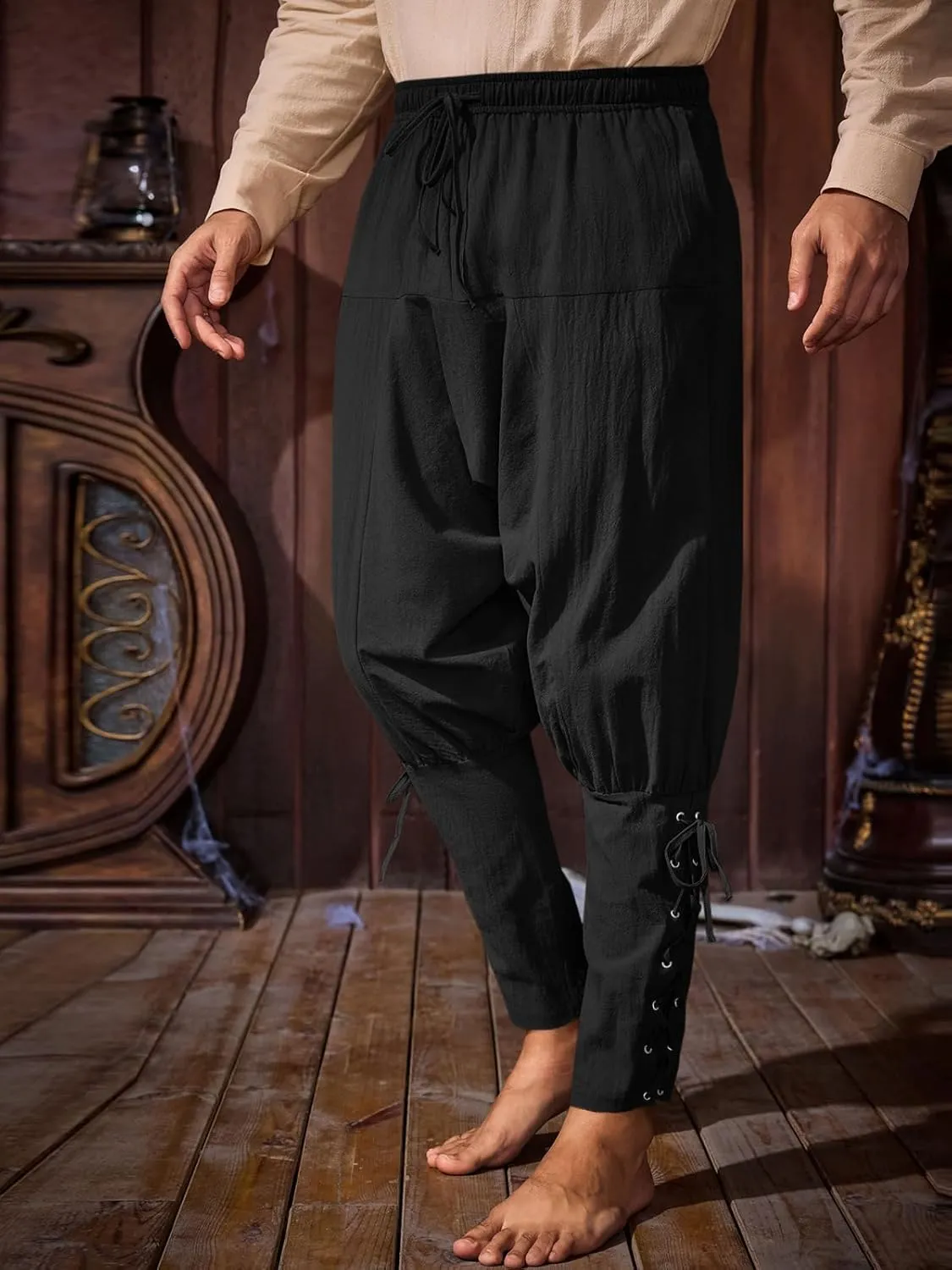 Runcati Mens Medieval Ankle Banded Pants Renaissance Viking Pirate Navigator Pants Lace Up Cotton Halloween Trousers