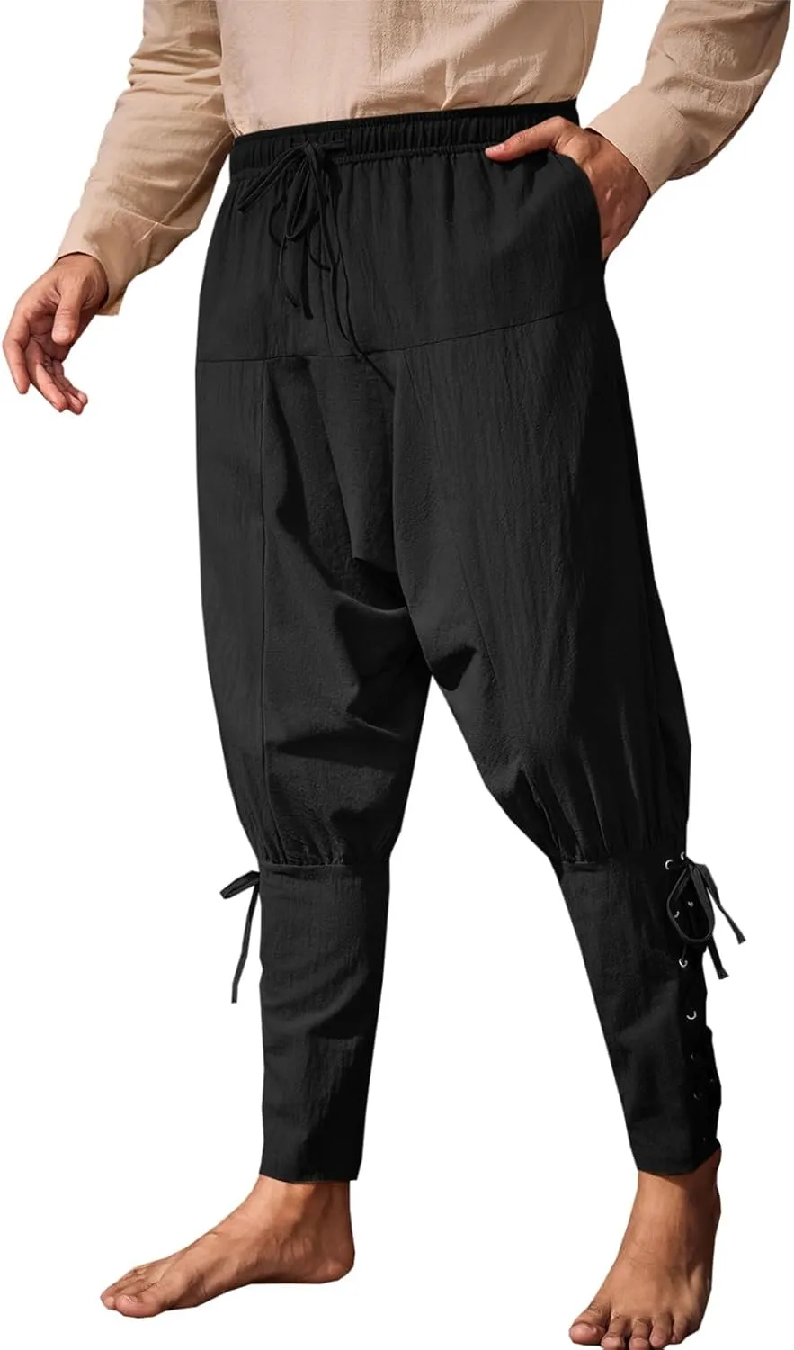 Runcati Mens Medieval Ankle Banded Pants Renaissance Viking Pirate Navigator Pants Lace Up Cotton Halloween Trousers