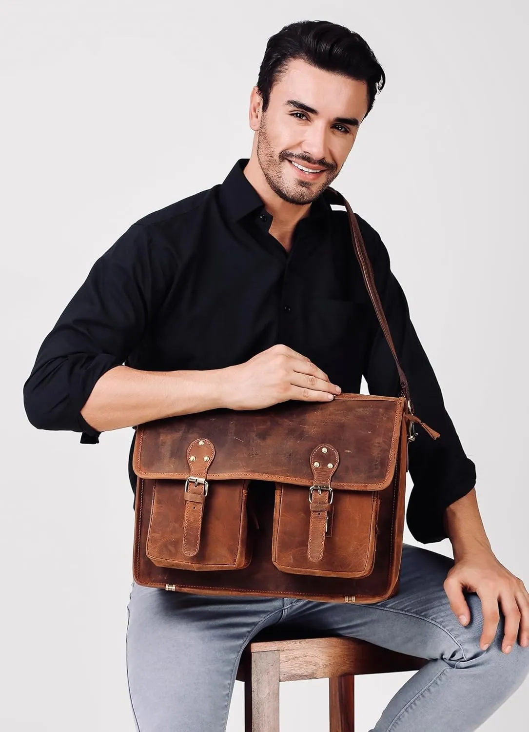 Rustic brown cowhide Leather Messenger bag for Men, Leather Briefcase, Leather Shoulder bag, 16 Inch Laptop bag Handmade Leather Shoulder bag