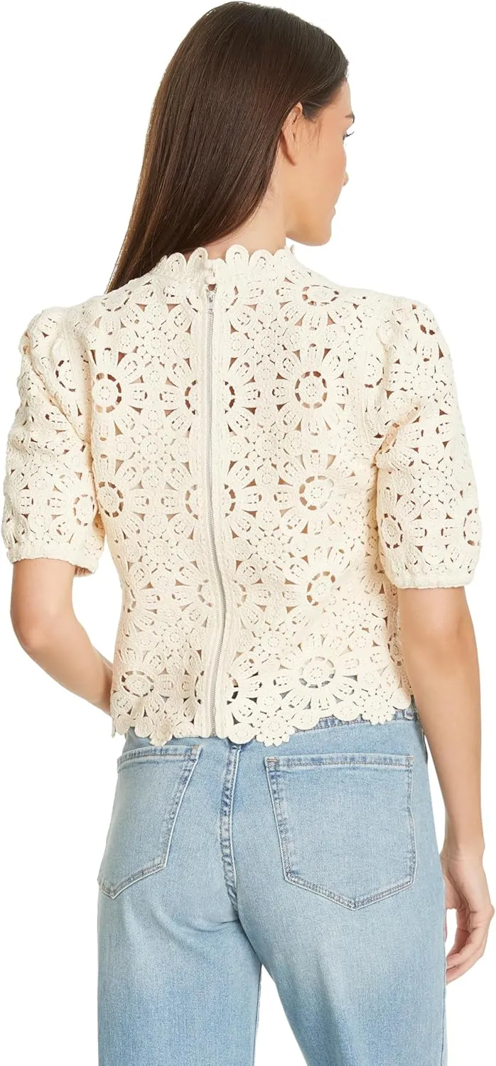 Sam Edelman Women's Doral Crochet Knit Short Sleeve Sweater with Zipper Back Standard
