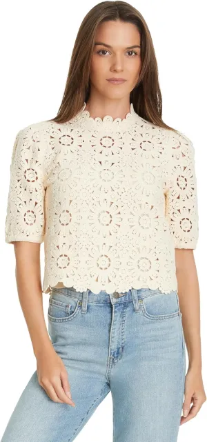 Sam Edelman Women's Doral Crochet Knit Short Sleeve Sweater with Zipper Back Standard