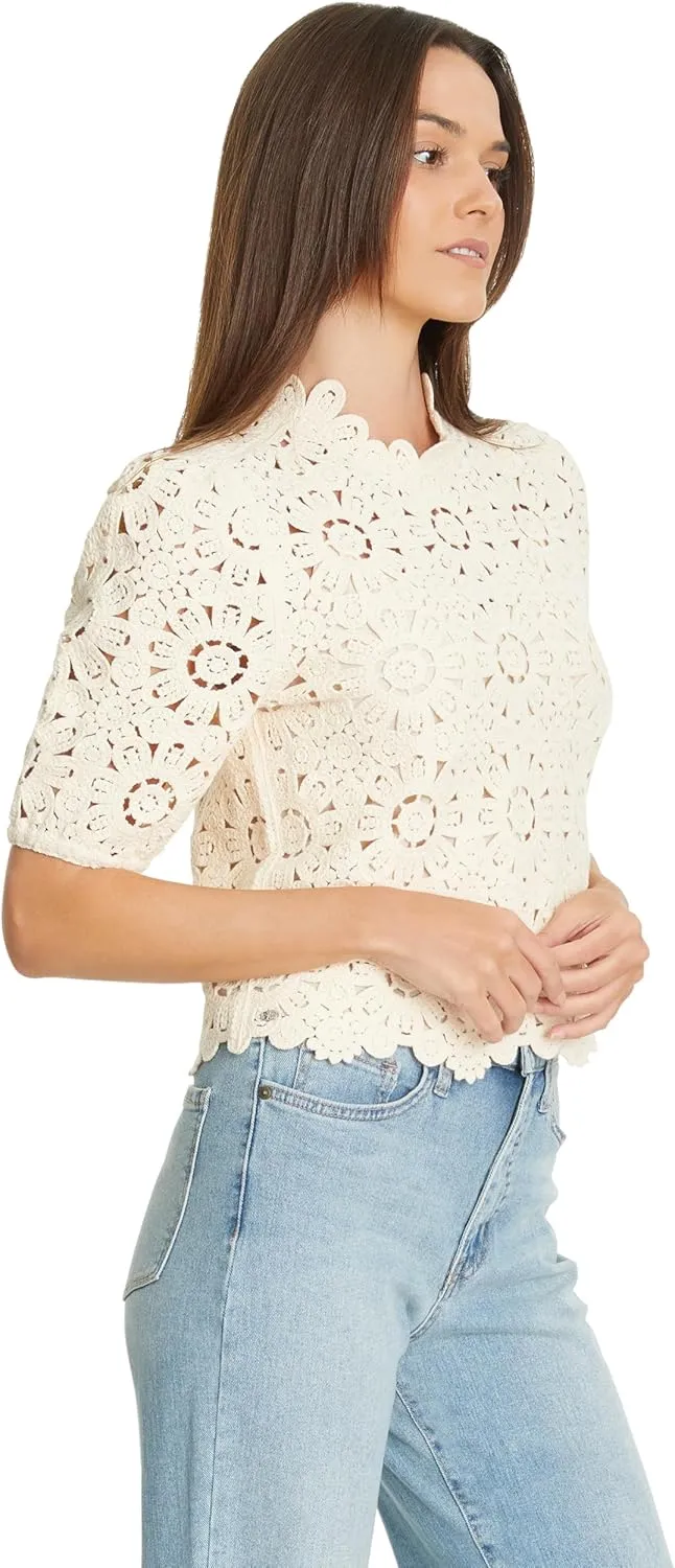 Sam Edelman Women's Doral Crochet Knit Short Sleeve Sweater with Zipper Back Standard
