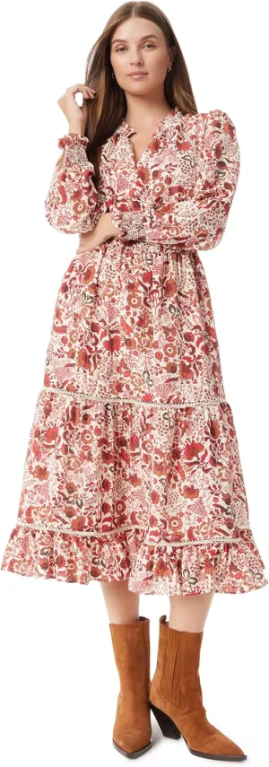 Sam Edelman Women's Maya Smock Wasit Ruffle Trim Midi Dress Standard