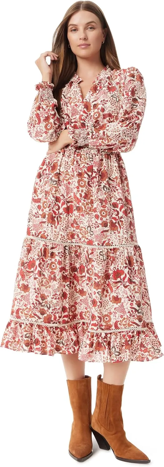 Sam Edelman Women's Maya Smock Wasit Ruffle Trim Midi Dress Standard