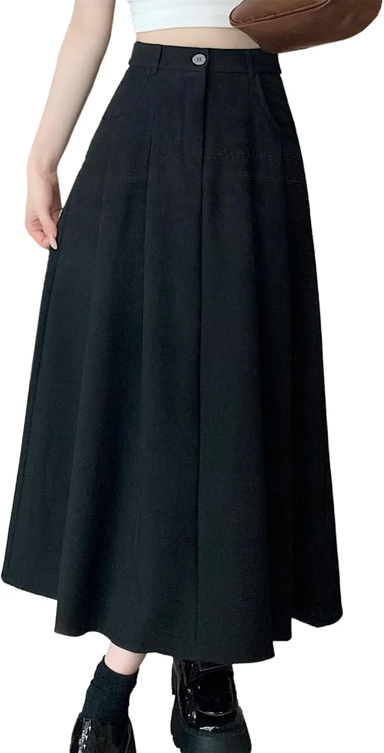 SANGTREE Women's Suit Long Skirts High Waisted Flared A-Line Skirt with Pockets & Belt Loops