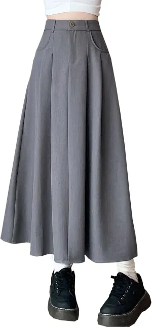 SANGTREE Women's Suit Long Skirts High Waisted Flared A-Line Skirt with Pockets & Belt Loops
