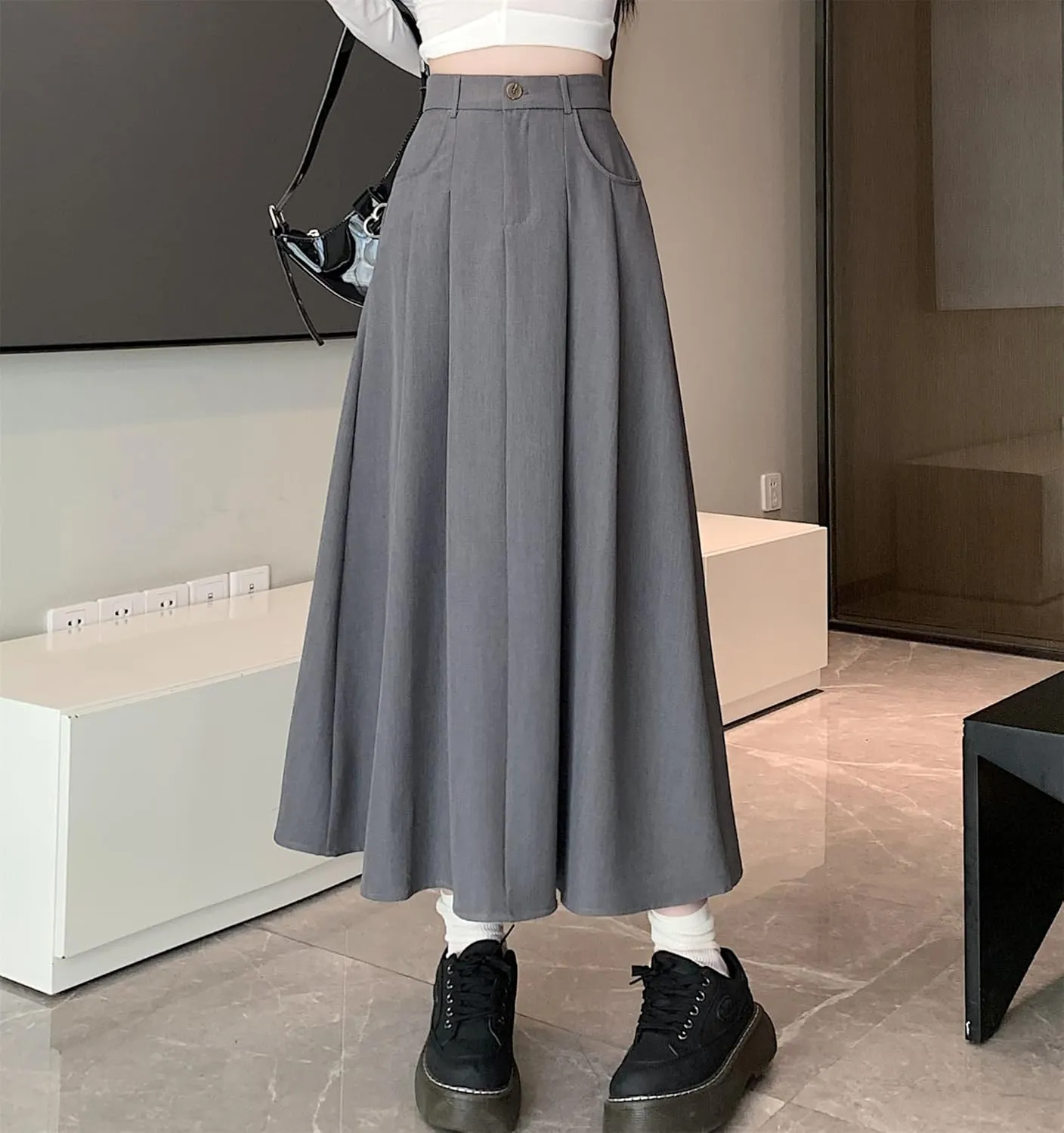 SANGTREE Women's Suit Long Skirts High Waisted Flared A-Line Skirt with Pockets & Belt Loops