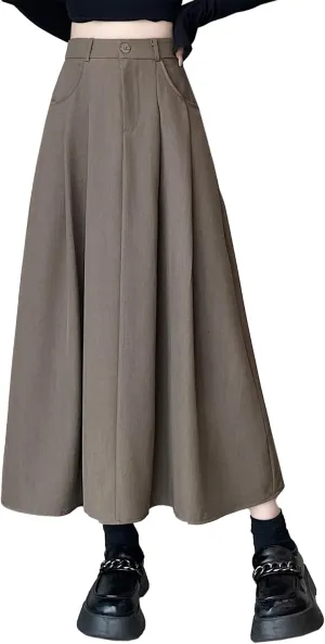 SANGTREE Women's Suit Long Skirts High Waisted Flared A-Line Skirt with Pockets & Belt Loops