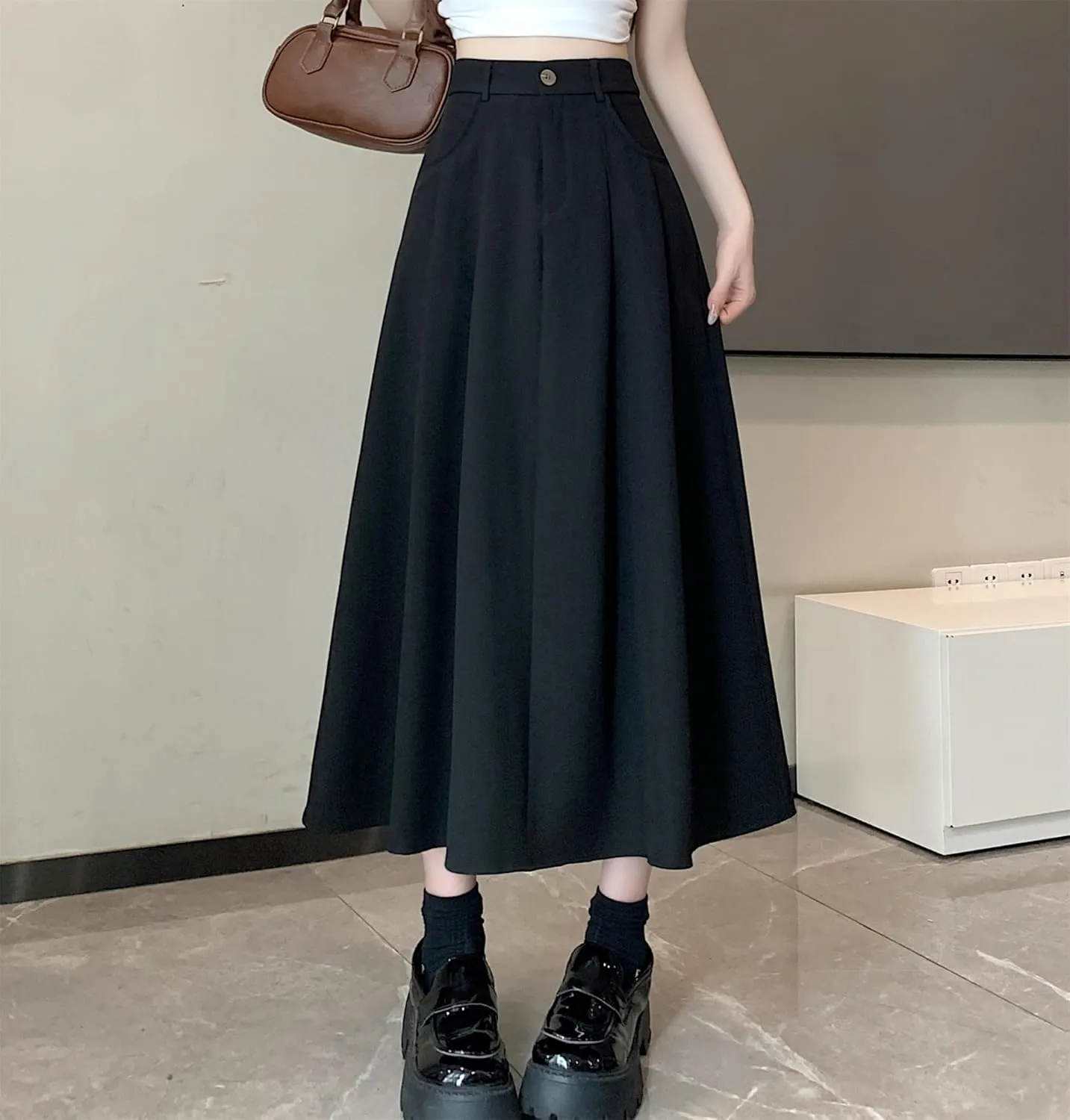 SANGTREE Women's Suit Long Skirts High Waisted Flared A-Line Skirt with Pockets & Belt Loops