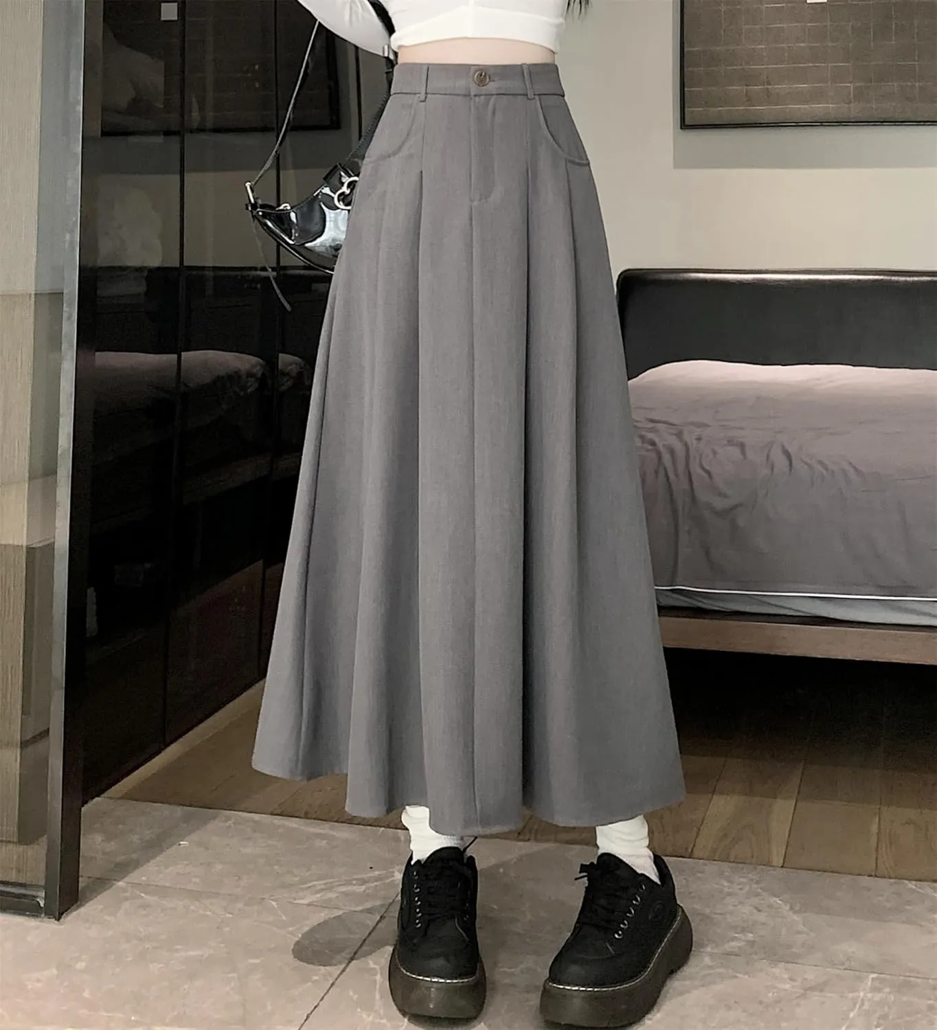 SANGTREE Women's Suit Long Skirts High Waisted Flared A-Line Skirt with Pockets & Belt Loops