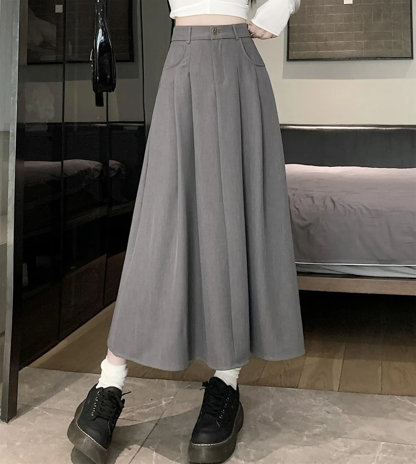 SANGTREE Women's Suit Long Skirts High Waisted Flared A-Line Skirt with Pockets & Belt Loops