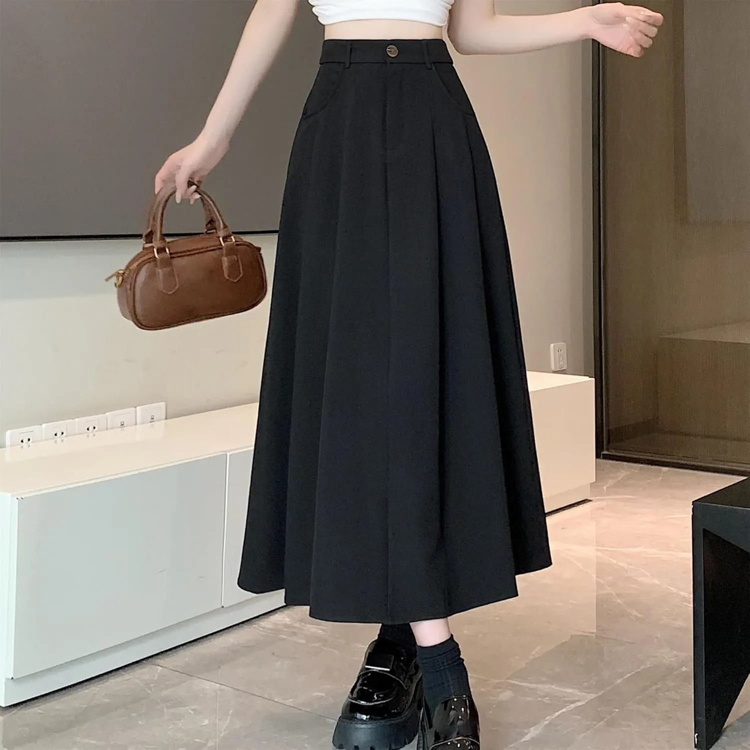 SANGTREE Women's Suit Long Skirts High Waisted Flared A-Line Skirt with Pockets & Belt Loops