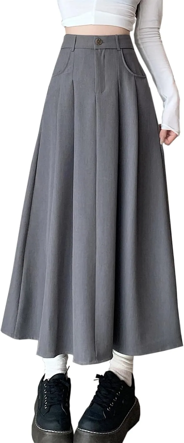 SANGTREE Women's Suit Long Skirts High Waisted Flared A-Line Skirt with Pockets & Belt Loops