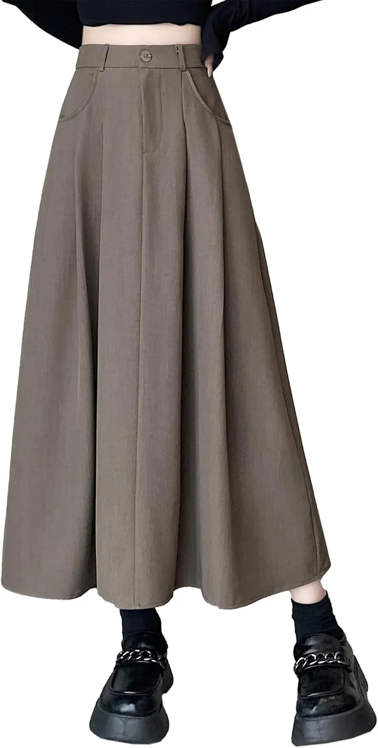 SANGTREE Women's Suit Long Skirts High Waisted Flared A-Line Skirt with Pockets & Belt Loops