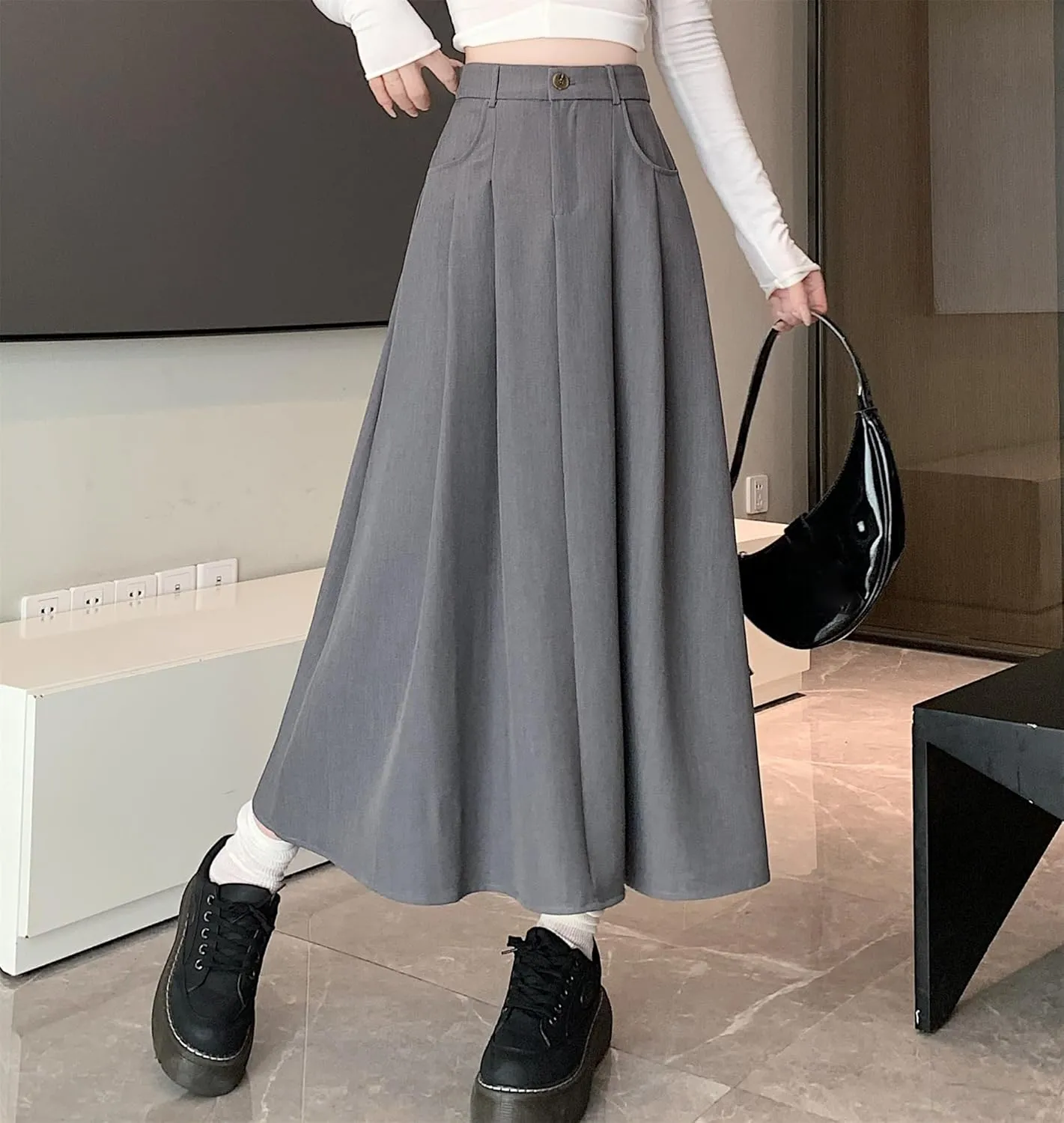 SANGTREE Women's Suit Long Skirts High Waisted Flared A-Line Skirt with Pockets & Belt Loops