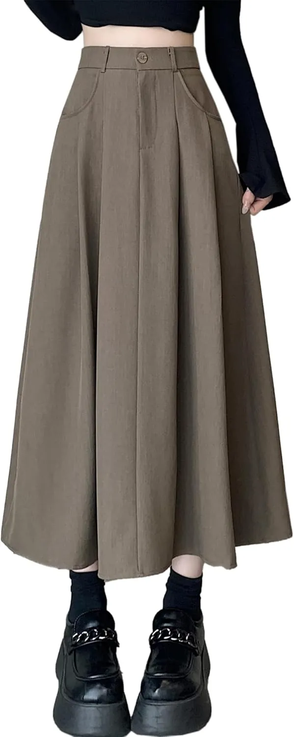 SANGTREE Women's Suit Long Skirts High Waisted Flared A-Line Skirt with Pockets & Belt Loops