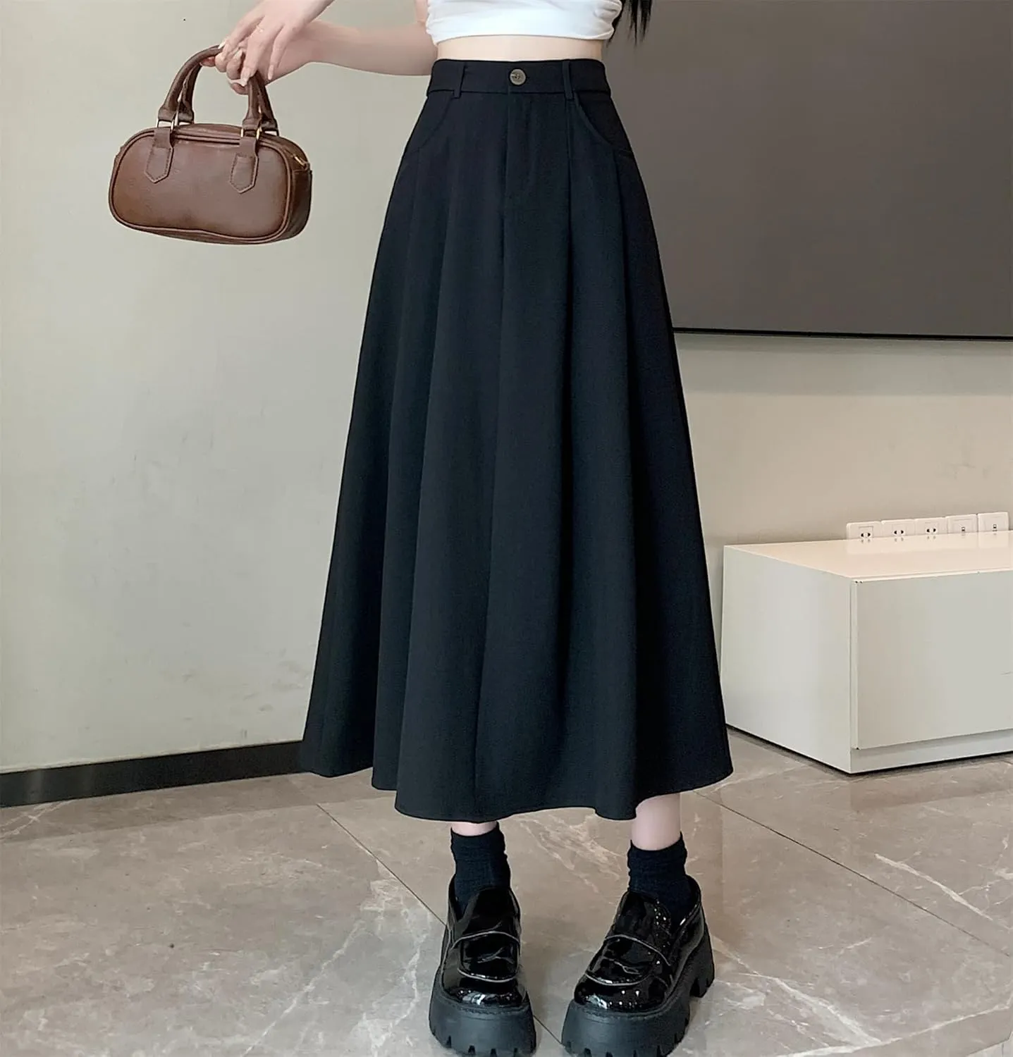 SANGTREE Women's Suit Long Skirts High Waisted Flared A-Line Skirt with Pockets & Belt Loops