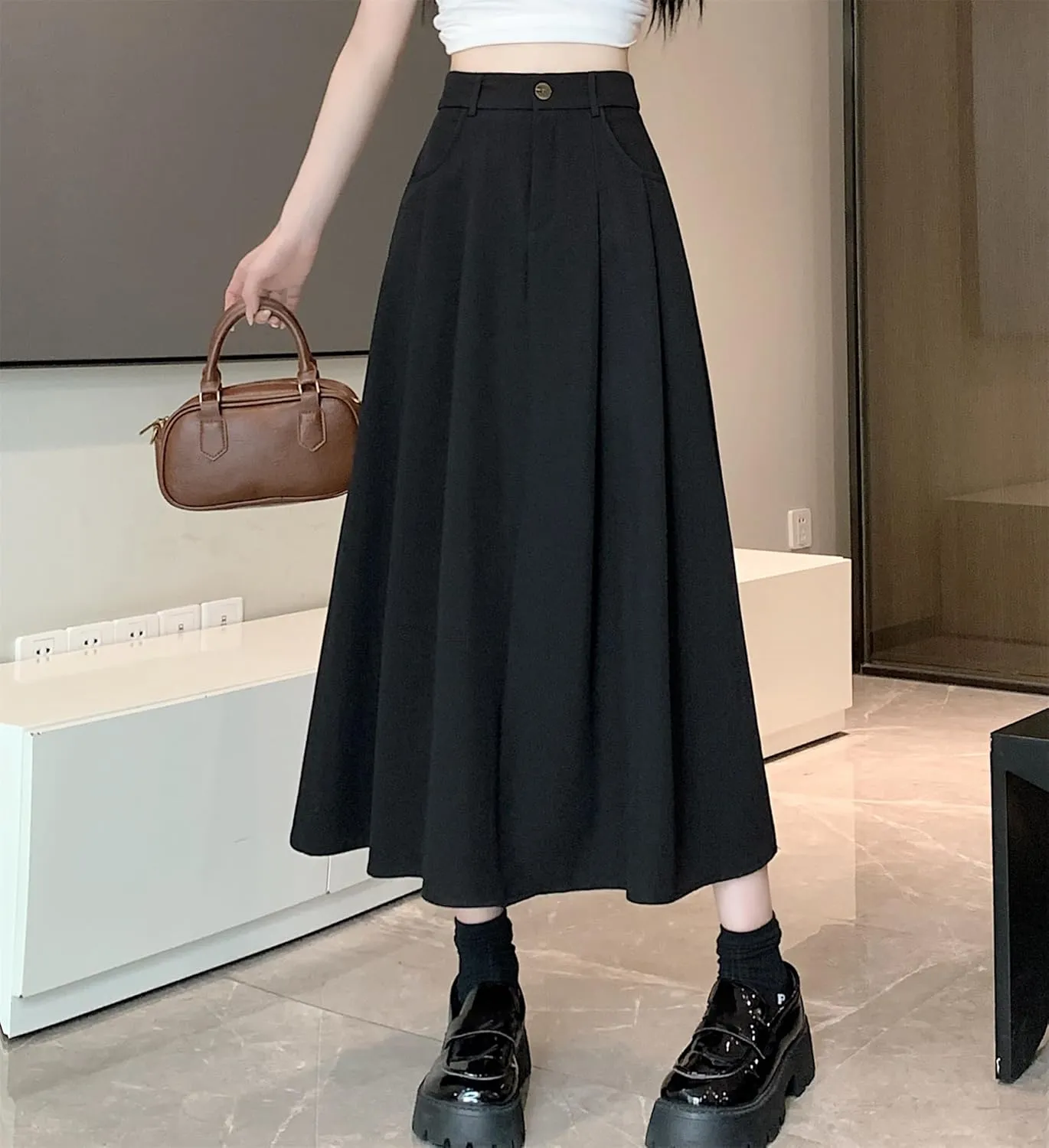 SANGTREE Women's Suit Long Skirts High Waisted Flared A-Line Skirt with Pockets & Belt Loops