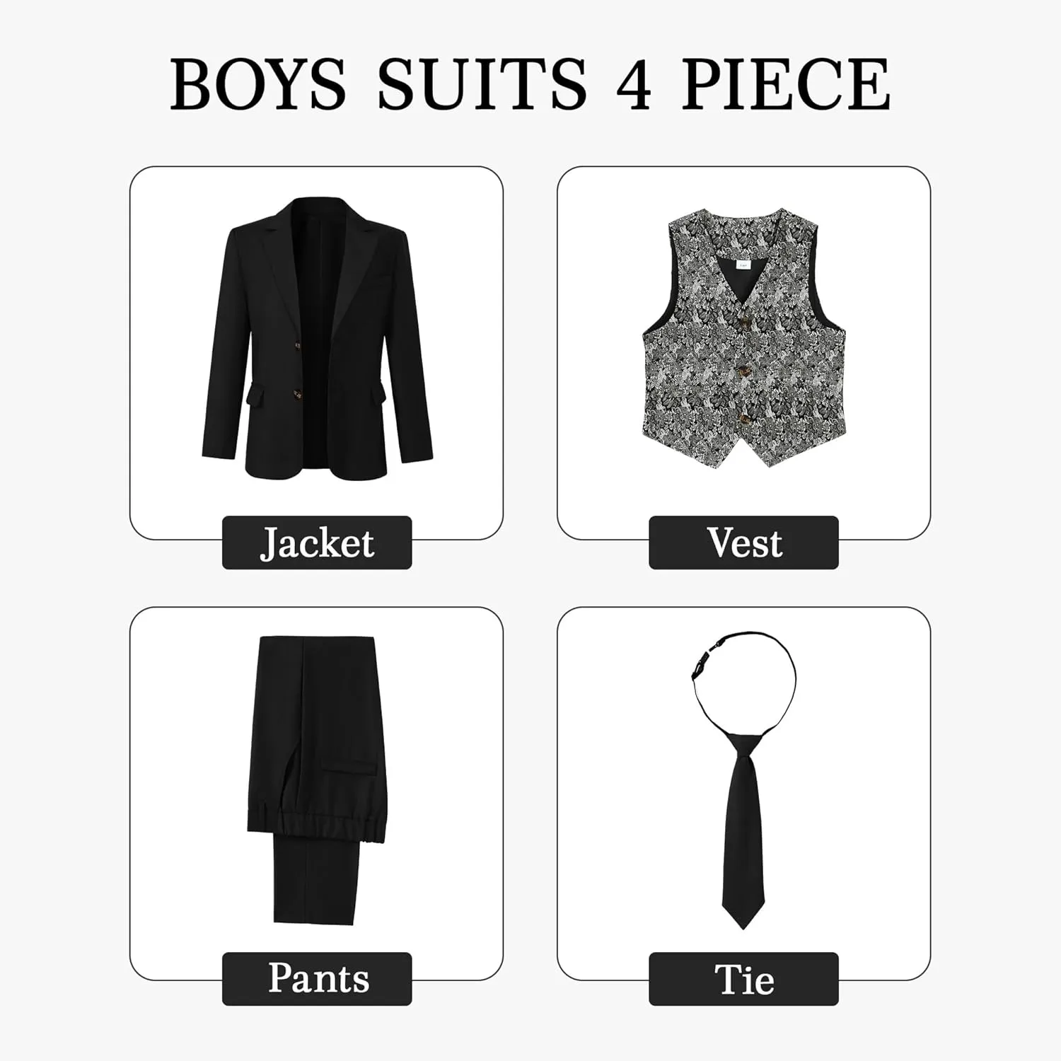 SANMIO Boys Suit 4 Piece Slim Fit Boys Suits Jacket Vest Pants Tie for Kids Suits Sets Boy Formal Tuxedo Set