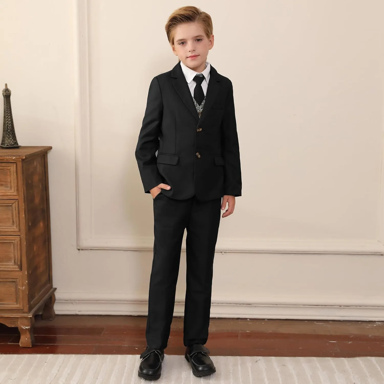 SANMIO Boys Suit 4 Piece Slim Fit Boys Suits Jacket Vest Pants Tie for Kids Suits Sets Boy Formal Tuxedo Set