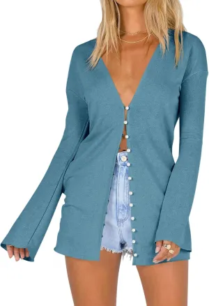 Saodimallsu Women Deep V Neck Cardigan Lightweight Button Down Long Sleeve Loose Open Front Knit Summer Shirts
