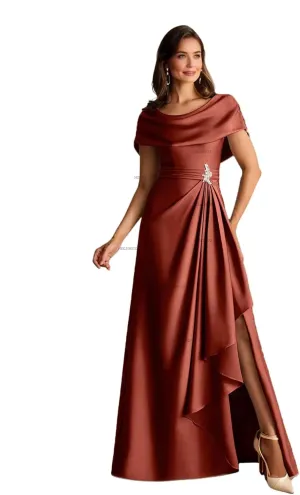 Satin Mother of The Bride Dresses with Slit Off Shoulder Long Formal Wedding Guest Dress