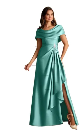 Satin Mother of The Bride Dresses with Slit Off Shoulder Long Formal Wedding Guest Dress
