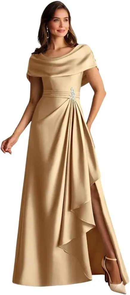 Satin Mother of The Bride Dresses with Slit Off Shoulder Long Formal Wedding Guest Dress