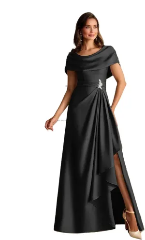 Satin Mother of The Bride Dresses with Slit Off Shoulder Long Formal Wedding Guest Dress