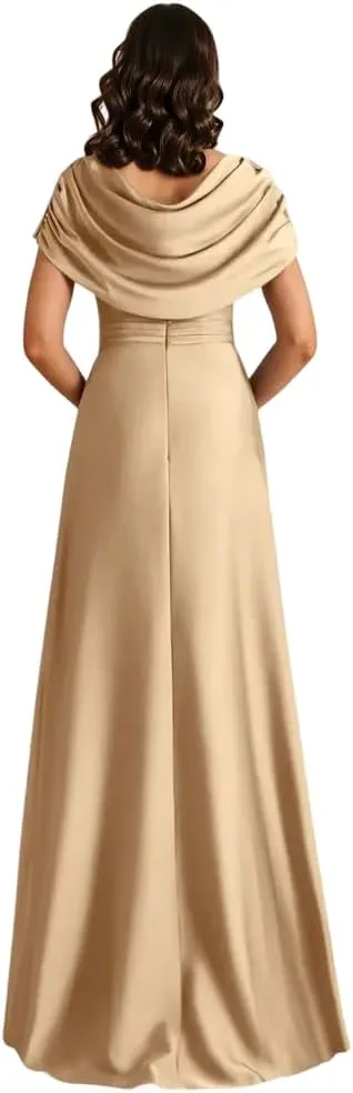 Satin Mother of The Bride Dresses with Slit Off Shoulder Long Formal Wedding Guest Dress