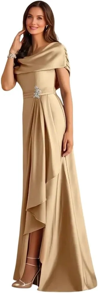 Satin Mother of The Bride Dresses with Slit Off Shoulder Long Formal Wedding Guest Dress