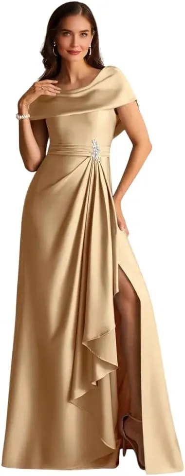Satin Mother of The Bride Dresses with Slit Off Shoulder Long Formal Wedding Guest Dress
