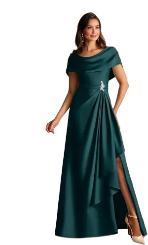 Satin Mother of The Bride Dresses with Slit Off Shoulder Long Formal Wedding Guest Dress