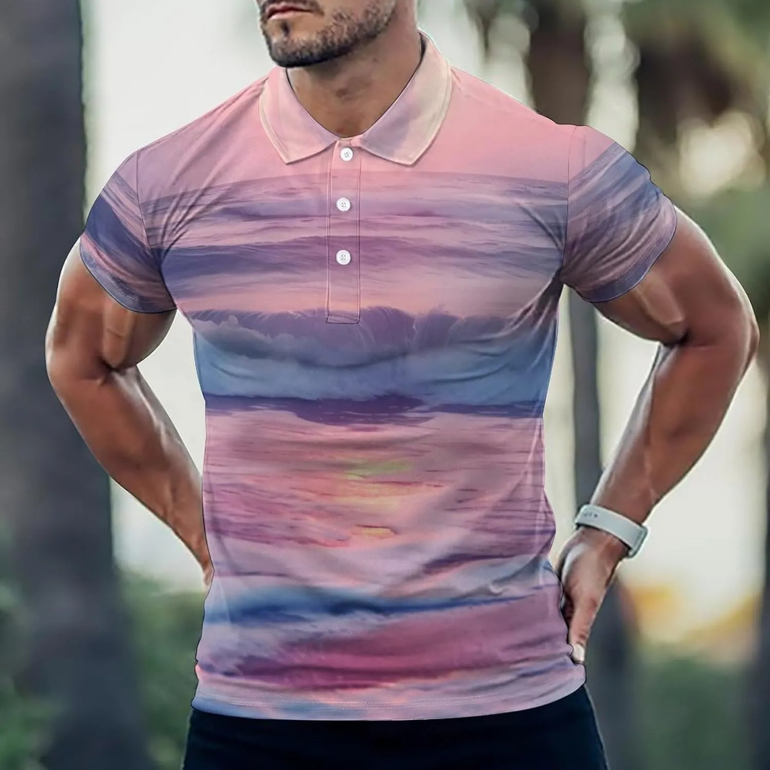 Sea Beach Wave Sun Cloud Landscape Mens Short Sleeve Polo Shirts Straight Sports Golf Tennis T-Shirt Quick Dry Long Top