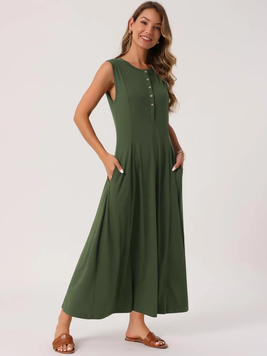 Seta T Women's Summer Maxi Dresses Button A-Line Flowy Long Casual Sleeveless Dresses Beach Sundress with Pockets