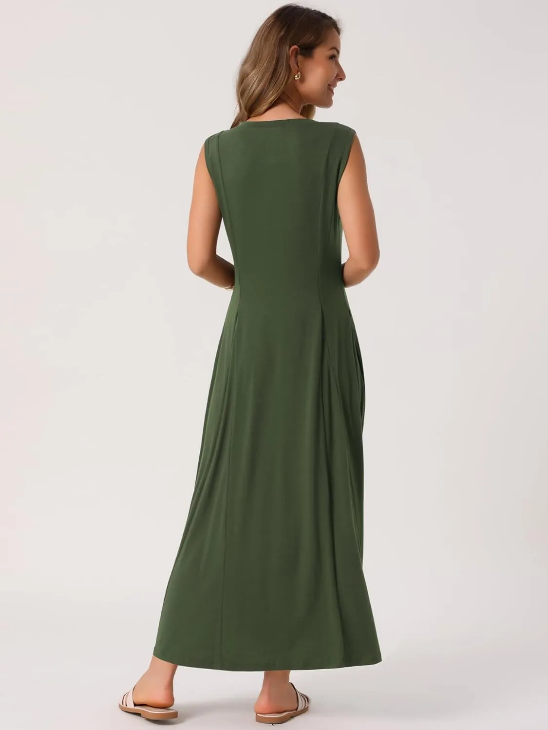 Seta T Women's Summer Maxi Dresses Button A-Line Flowy Long Casual Sleeveless Dresses Beach Sundress with Pockets