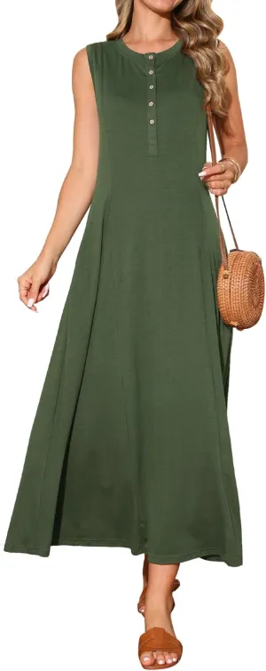 Seta T Women's Summer Maxi Dresses Button A-Line Flowy Long Casual Sleeveless Dresses Beach Sundress with Pockets