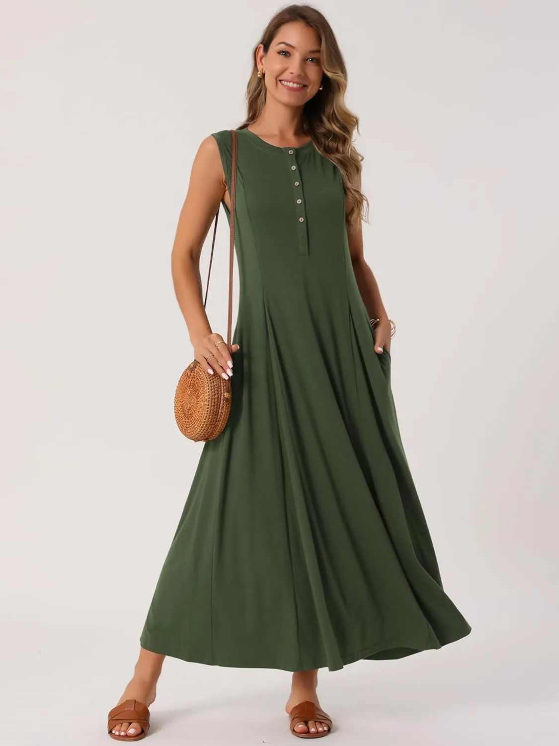 Seta T Women's Summer Maxi Dresses Button A-Line Flowy Long Casual Sleeveless Dresses Beach Sundress with Pockets